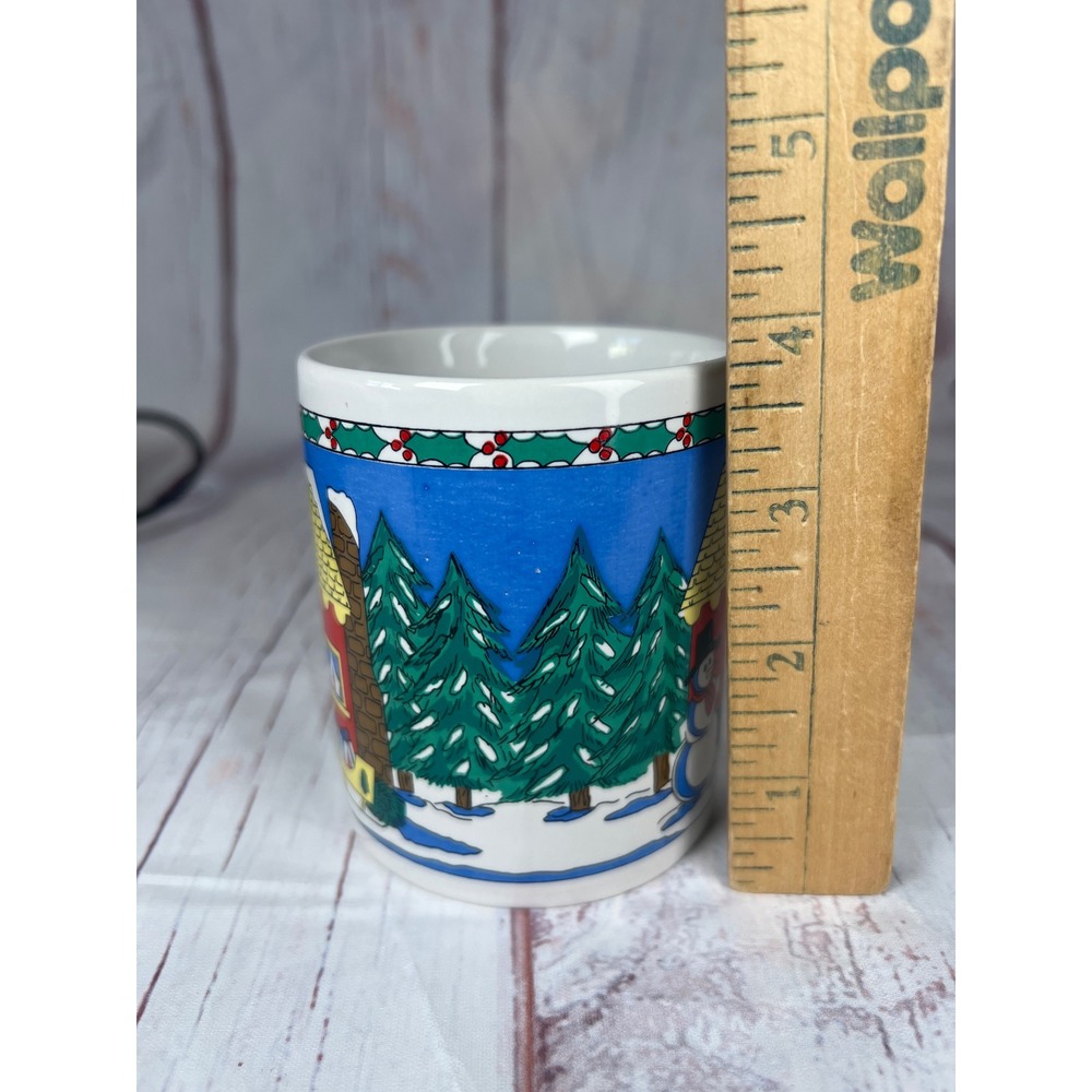Christmas Mug Snowman House Trees Holiday Winter Coffee Cup Vintage 1990s - Picture 3 of 4